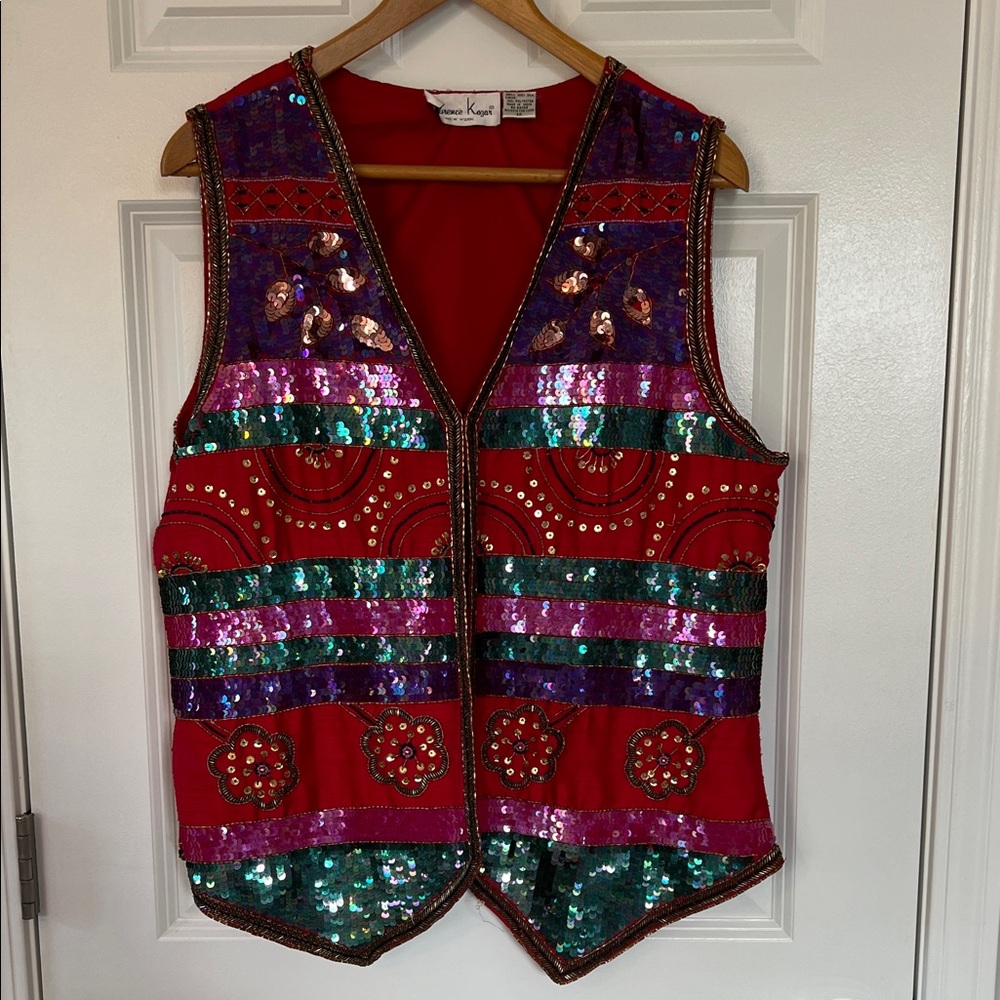 Laurence Kazar Red Silk Sequined Vest - Size 1X